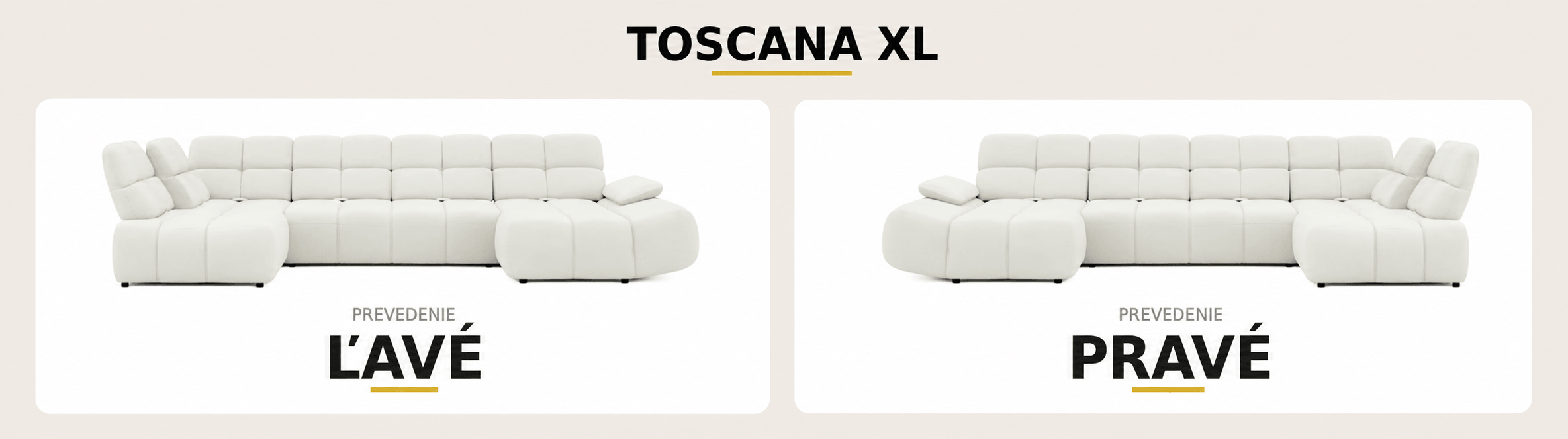 Porovnanie ľavého a pravého prevedenia rohovej sedacej súpravy TOSCANA XL v bielom prevedení na svetlom pozadí.